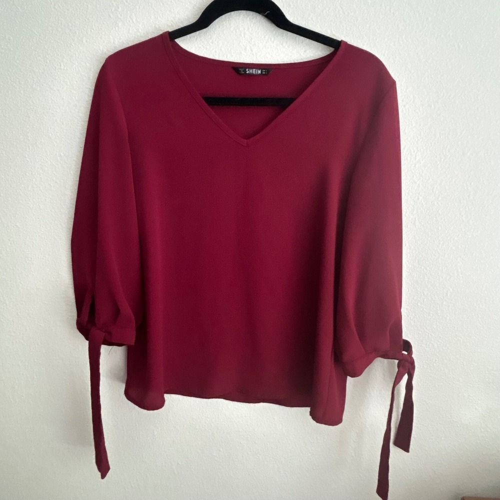Shein Blouse V-Neck 3/4 Sleeve Tie-Cuff Burgundy Top Size S - Picture 3 of 7